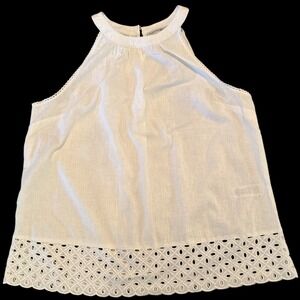 Signature Collection White Linen Blend Eyelet Hem Halter Top L 12-14 Coastal